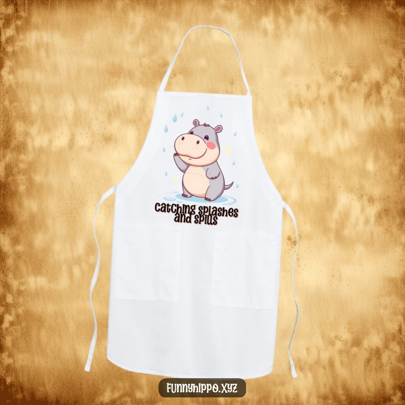 Funny Kawaii Hippo Apron showing a comical attempt to catch raindrops while cooking, a humorous chef gift.