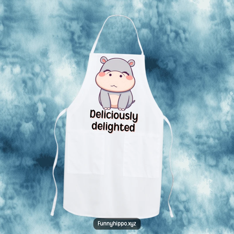 Funny Kawaii hippo character with eyes closed in pure delight, a cute and practical kitchen apron.