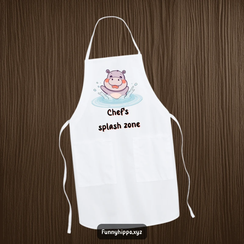 Funny kawaii hippo joyfully splashing in a large puddle, illustrated on a practical and amusing kitchen apron.
