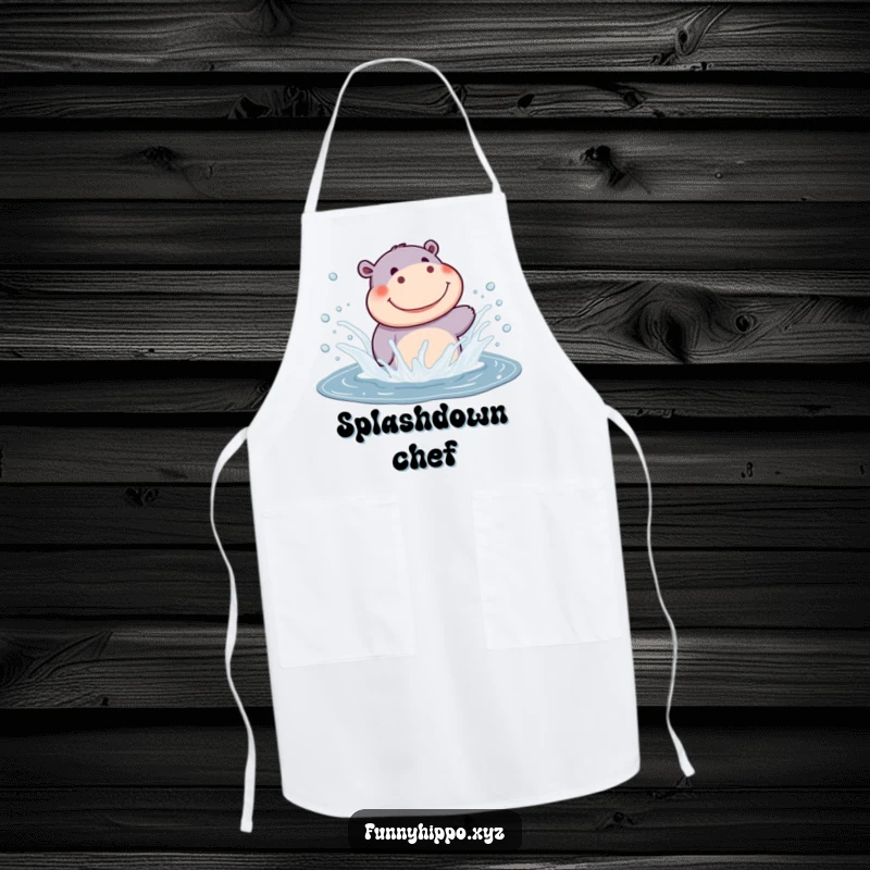 Funny Kawaii Hippo Apron showing a cute hippo splashing water, a practical and funny accessory for a joyful cooking experience.
