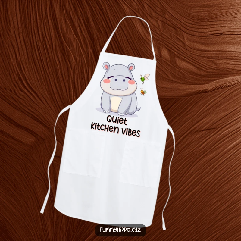 Funny Kawaii Hippo Apron showing a cute hippo blissfully listening to a cricket, a practical and funny accessory.