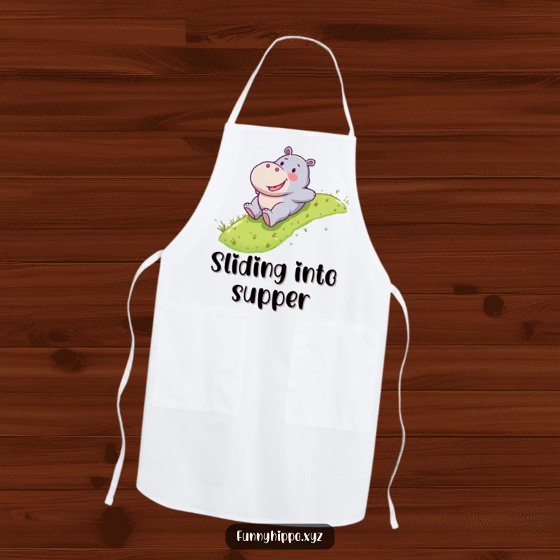 Funny Kawaii hippo character happily sliding down a grassy slope, a cute and practical kitchen apron.