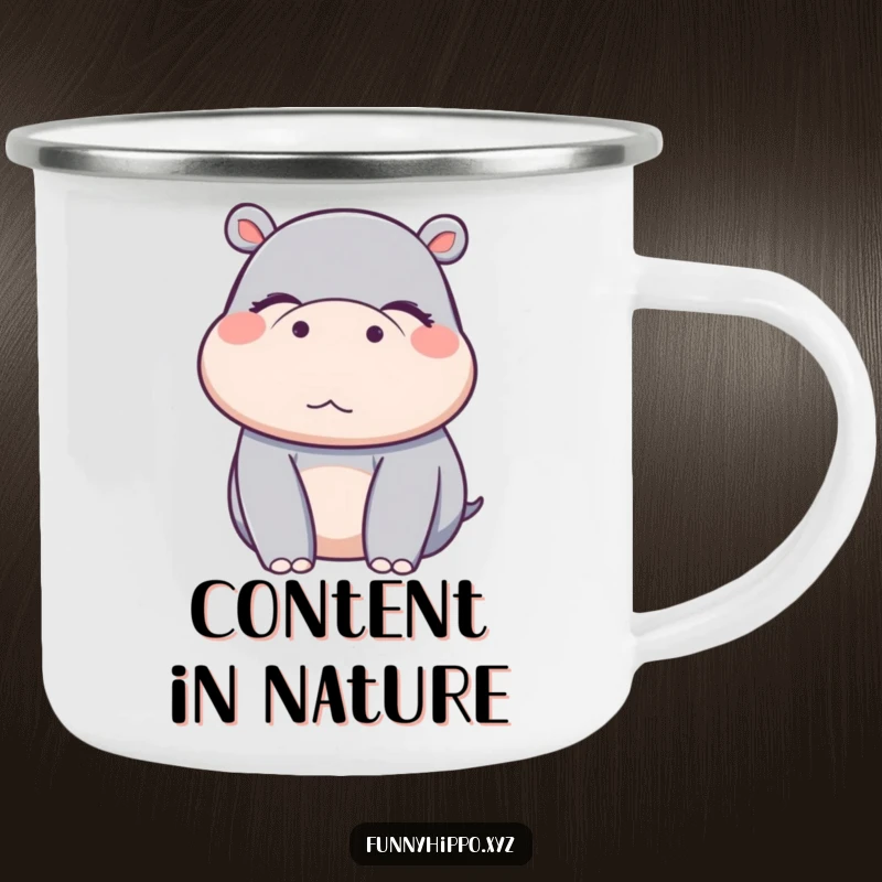 Funny Kawaii hippo with eyes closed in pure delight, a durable camping mug for peaceful outdoor enjoyment.