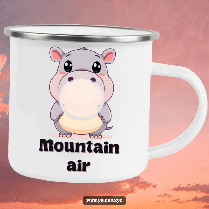 Funny Camping Mug with a Happy Hippo with Wide Eyes Blowing a Large Bubble, ready for the outdoors