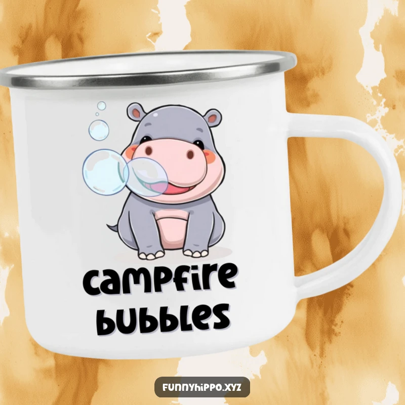 Funny kawaii hippo playfully blowing large bubbles from its snout, designed for adventure on a sturdy camping mug.