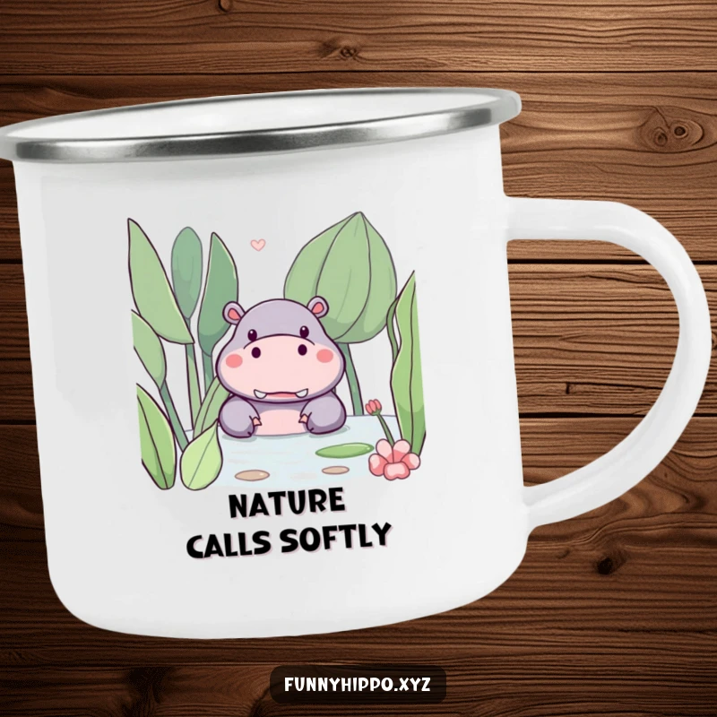 Funny kawaii hippo peeking from behind a large, friendly water plant on this sturdy and cute camping mug.