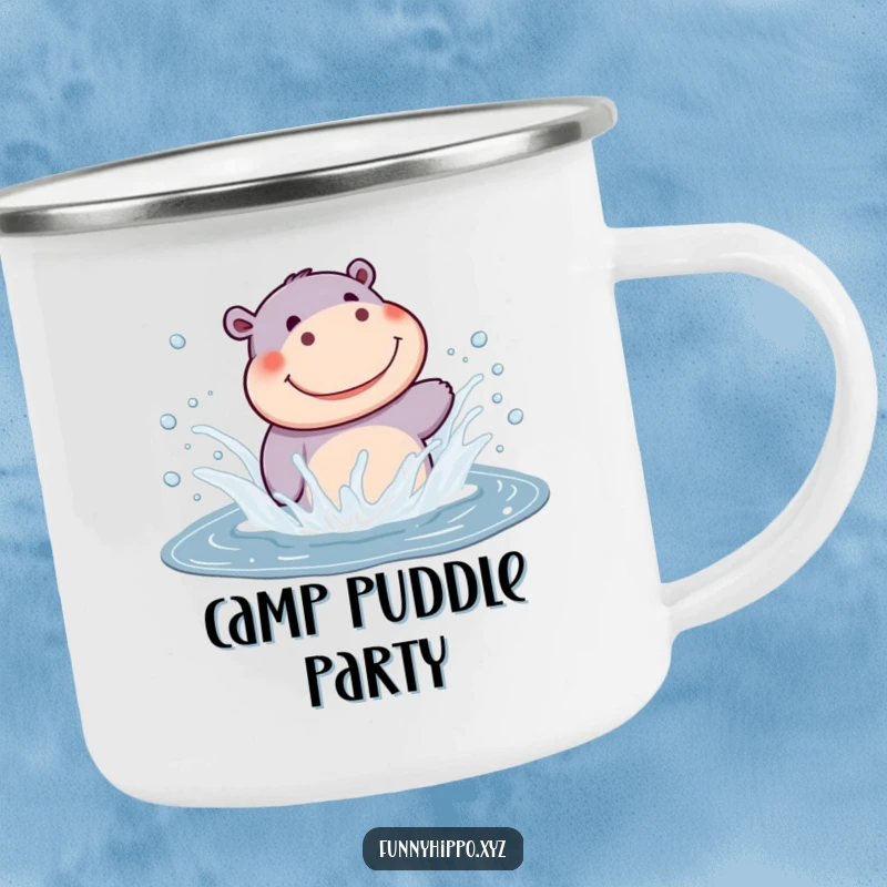 Funny Kawaii Hippo Camping Mug featuring a cute hippo splashing in a puddle, perfect for outdoor adventures and a funny gift.