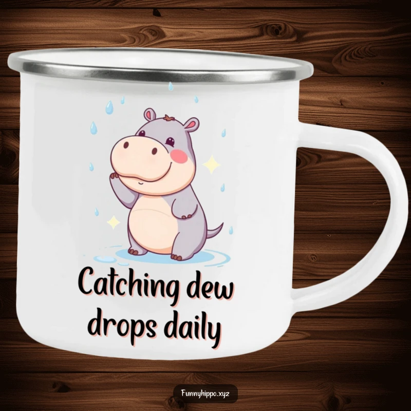 Funny Kawaii Hippo Camping Mug depicting a humorous raindrop catching scene, ideal for outdoor humor.