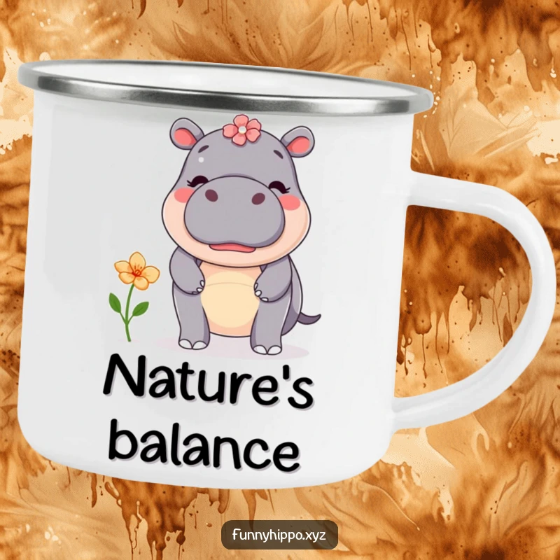 Funny kawaii hippo attempting to balance a flower on its nose, designed for adventure on a sturdy camping mug.