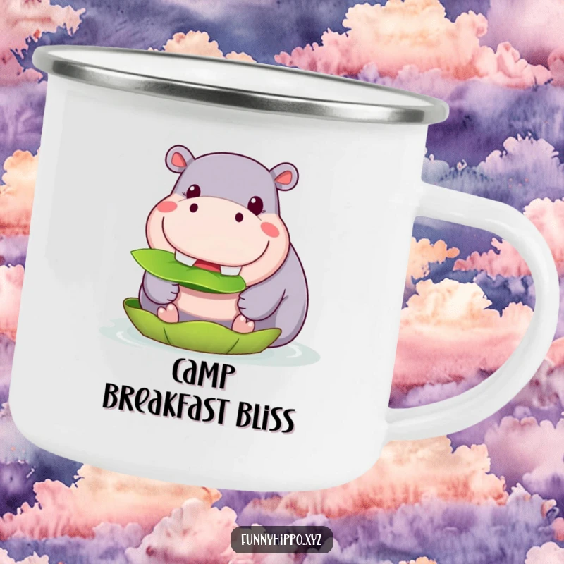 Funny Kawaii Hippo Camping Mug featuring a cute hippo happily munching on a lily pad, perfect for outdoor fun and a funny gift.