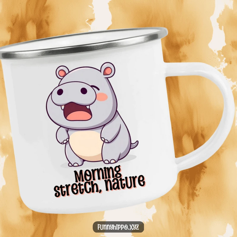 Funny Kawaii Hippo Camping Mug depicting a gentle, happy yawn, perfect for calm outdoor mornings.