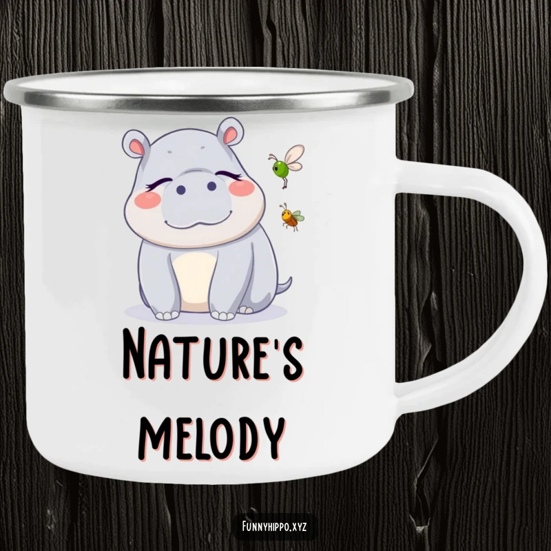 Funny Kawaii Hippo Camping Mug featuring a cute hippo blissfully listening to a cricket, perfect for quiet outdoor moments and a funny gift.