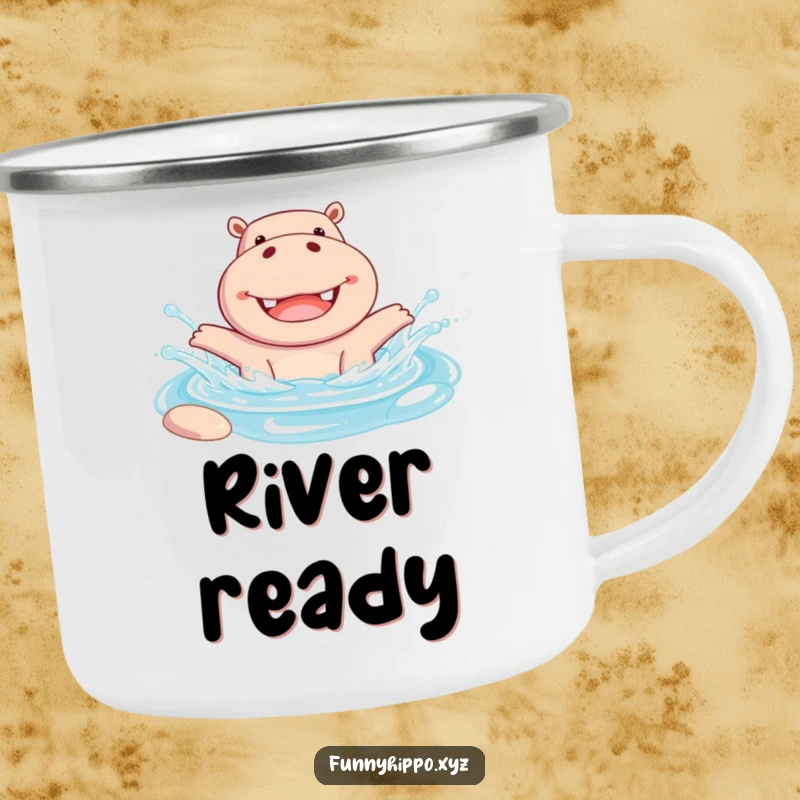 Funny Camping Mug with a Cheerful Hippo Joyfully Splashing in a Pool, perfect for rugged adventures