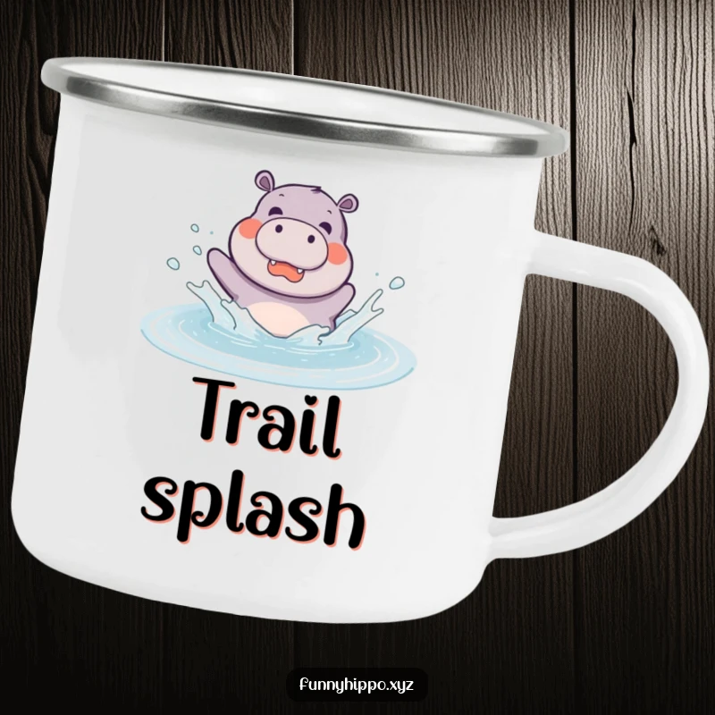 Funny kawaii hippo joyfully splashing in a puddle, designed for adventure on a sturdy camping mug.
