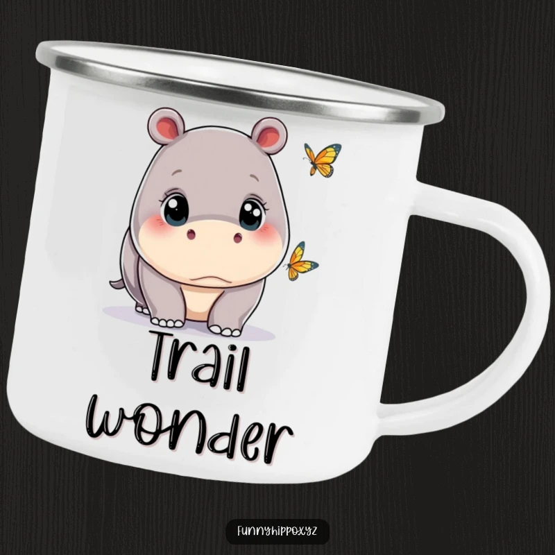 Funny kawaii hippo with wide eyes, observing a tiny butterfly, designed for adventure on a sturdy camping mug.