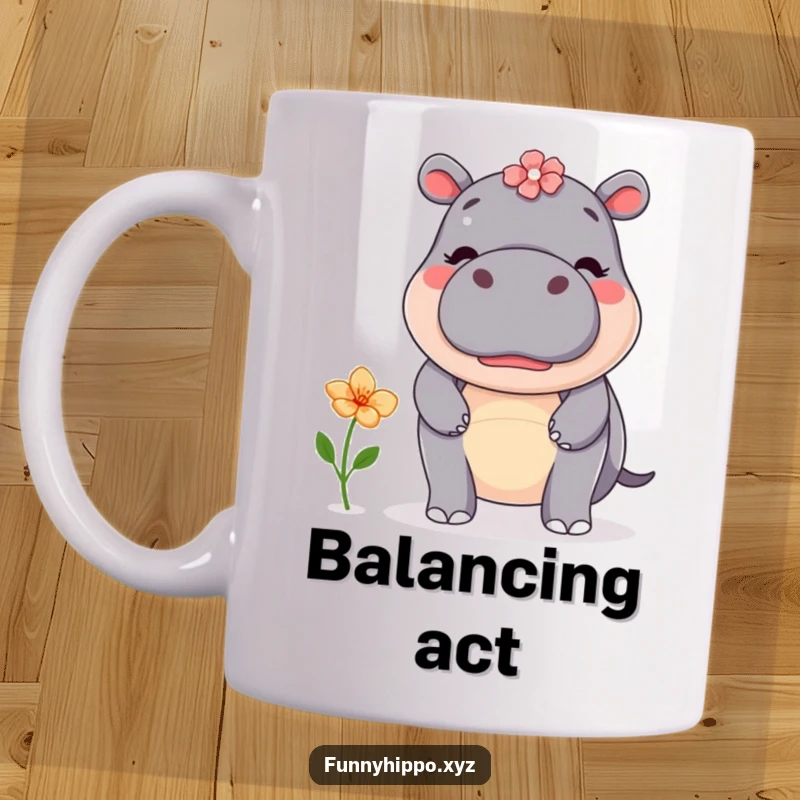 Funny kawaii hippo concentrating intently, attempting to balance a single, colorful flower on its nose with wide eyes.