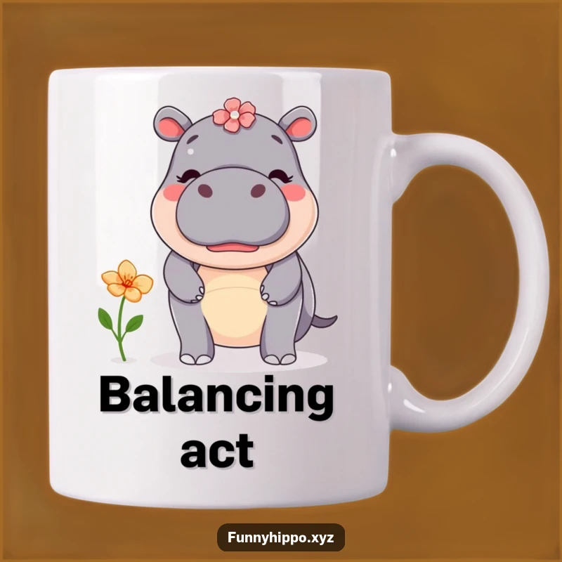 Kawaii Hippo Flower Funny Mug Gift - Balancing Hippo Nose Floral Fun