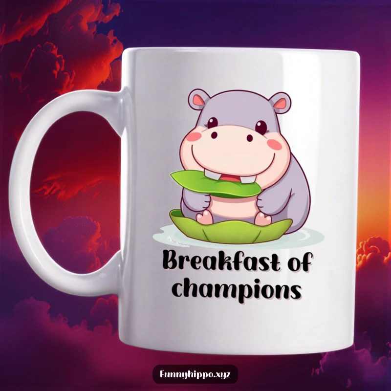 Funny Kawaii Hippo Mug featuring a cute hippo with a wide grin happily munching on a large lily pad, a delightful funny gift.