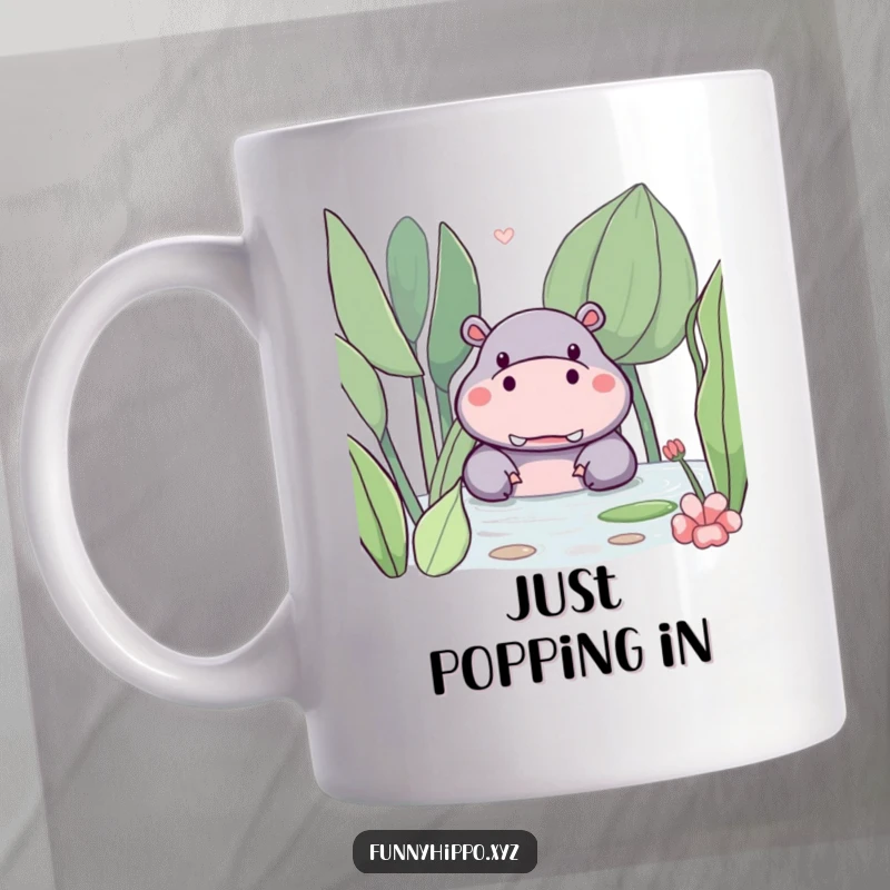 Funny kawaii hippo peeking playfully from behind a huge, friendly water plant on this delightful mug.