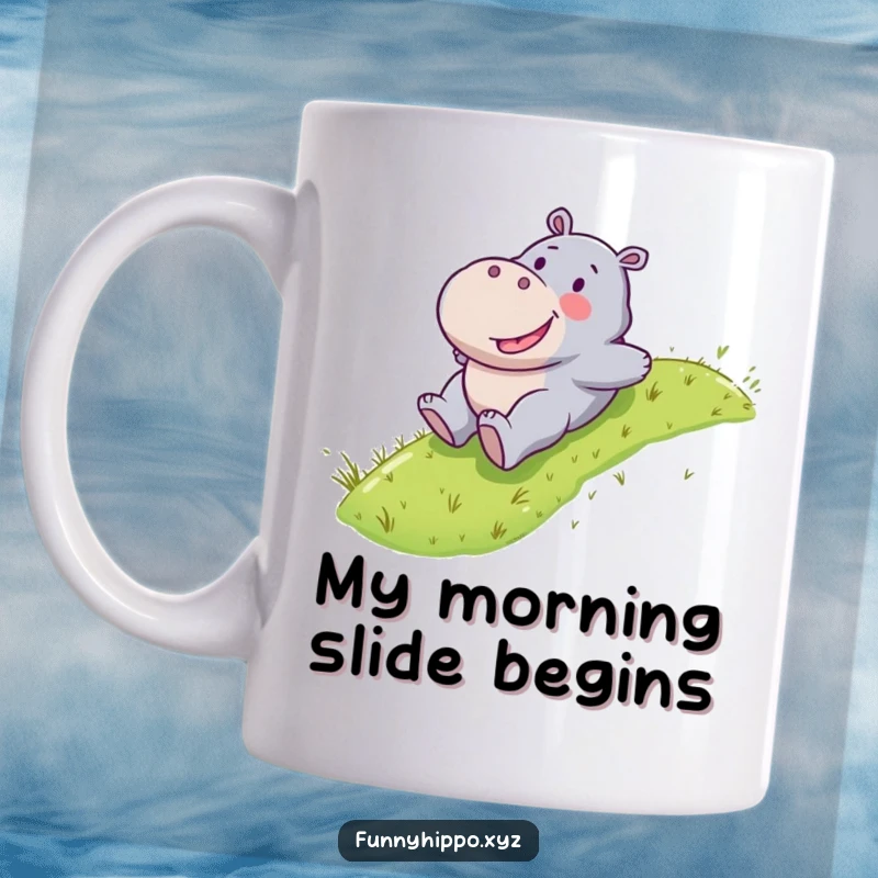 Funny Kawaii hippo character happily sliding down a vibrant green grassy slope, a delightful and energetic mug.