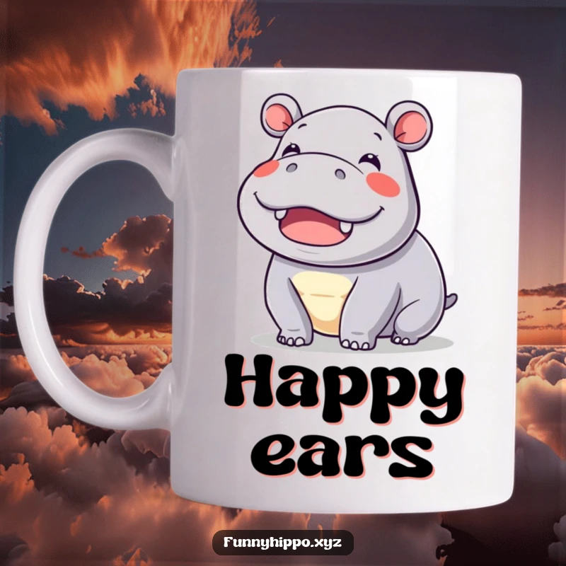 Funny kawaii hippo wiggling its floppy ears with pure, unrestrained joy and immense delight, looking ecstatic.