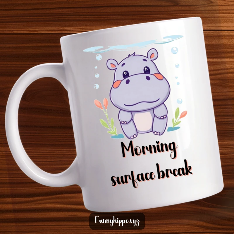 Funny Kawaii Hippo Mug with a surprised expression peeking from underwater, a humorous collectible.