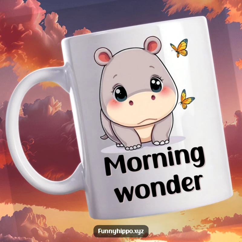 Funny kawaii hippo with big, curious eyes, gently observing a tiny, delicate butterfly fluttering nearby.