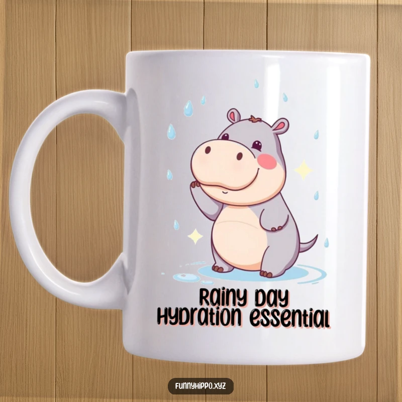 Funny Kawaii Hippo Mug catching raindrops with a comical expression, perfect for a humorous gift.