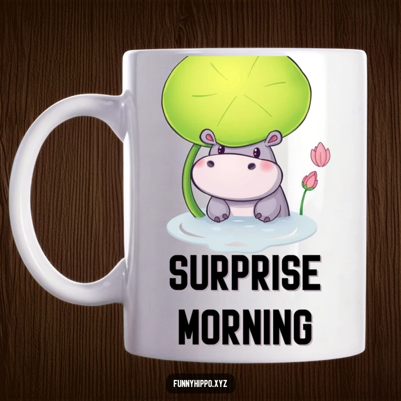 Funny Mug of a Curious Hippo Peeking Playfully from Behind a Large Green Lily Pad