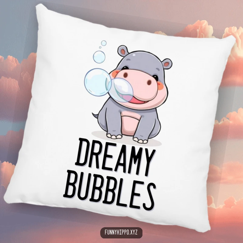 Funny kawaii hippo playfully blowing giant bubbles from its snout, rendered as a soft and cuddly decorative pillow.