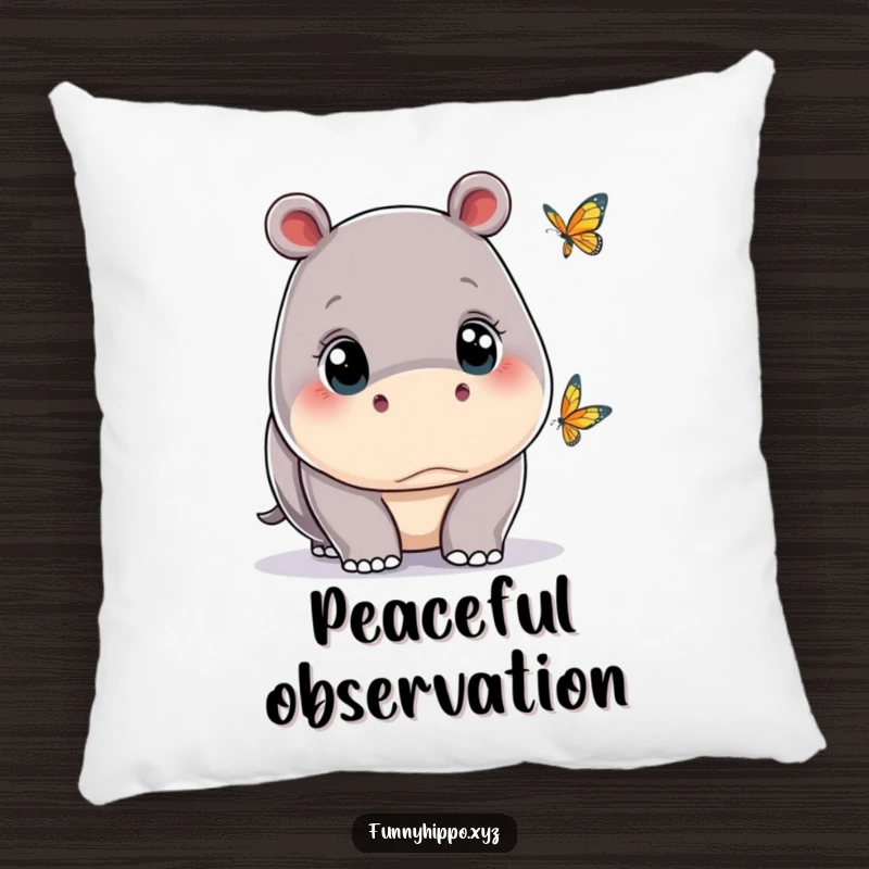 Funny kawaii hippo with wide eyes, watching a tiny butterfly, rendered as a soft and cuddly decorative pillow.