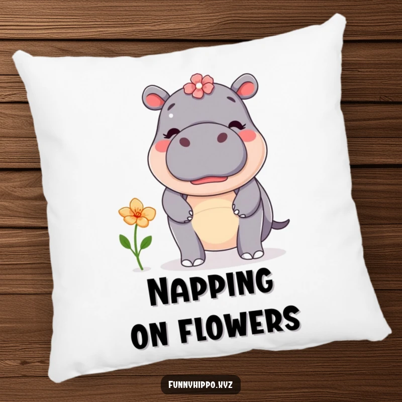 Funny kawaii hippo attempting to balance a flower on its nose, rendered as a soft and cuddly decorative pillow.