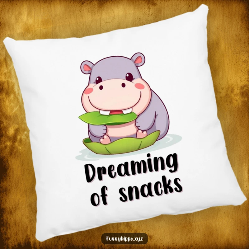 Funny Kawaii Hippo Pillow with a cute hippo grinning and munching on a lily pad, offering soft and funny comfort.