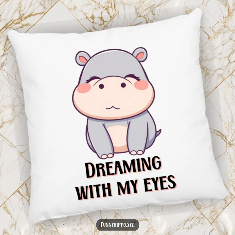 Funny Kawaii hippo character with eyes closed in pure delight, a soft and comforting decorative pillow.