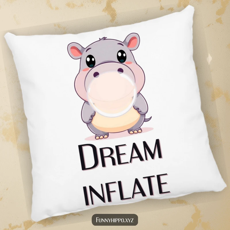 Funny Pillow featuring a Happy Hippo with Wide Eyes Blowing a Large, iridescent Bubble, soft and huggable