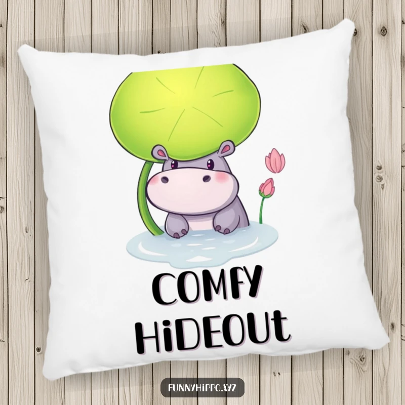 Funny Pillow featuring a Curious Hippo Peeking from Behind a Lily Pad, soft and huggable