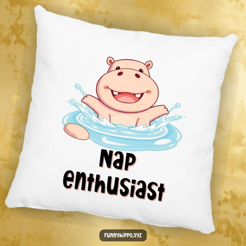 Funny Pillow with a Cheerful Hippo Joyfully Splashing in a Pool, adding whimsical comfort
