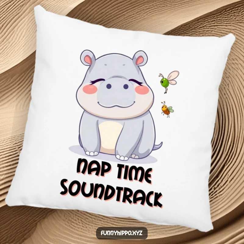 Funny Kawaii Hippo Pillow with a cute hippo blissfully listening to a cricket, offering soft and funny comfort.