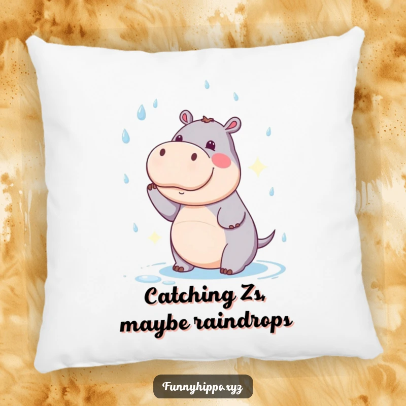 Funny Kawaii Hippo Pillow featuring a comical raindrop catching scene, offering comfort and humor.
