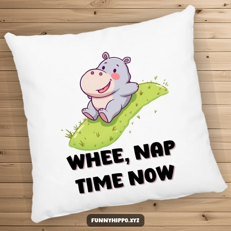 Funny Kawaii hippo character happily sliding down a grassy slope, a soft and decorative pillow.