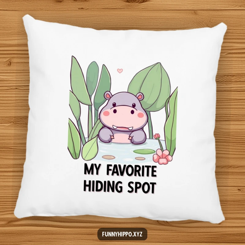 Funny kawaii hippo peeking from behind a big, friendly water plant, featured on this soft and plush pillow.