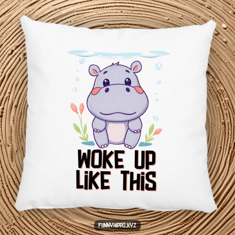 Funny Kawaii Hippo Pillow with a surprised expression emerging from water, soft and humorous.