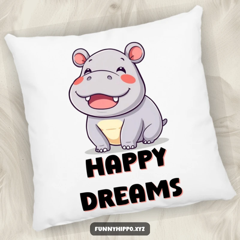 Funny kawaii hippo wiggling its ears with immense delight, rendered as a soft and cuddly decorative pillow.