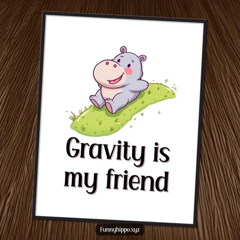 Funny Kawaii hippo character happily sliding down a grassy slope, a digital art print for dynamic decor.