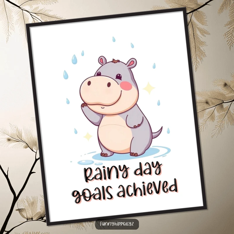 Funny Kawaii Hippo Digital Art Print capturing a comical raindrop catching moment, instantly shareable humor.