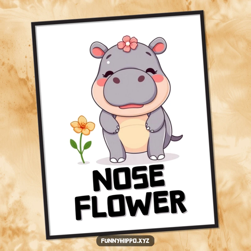 Funny kawaii hippo attempting to balance a flower on its nose, printable digital art showcasing delicate focus.