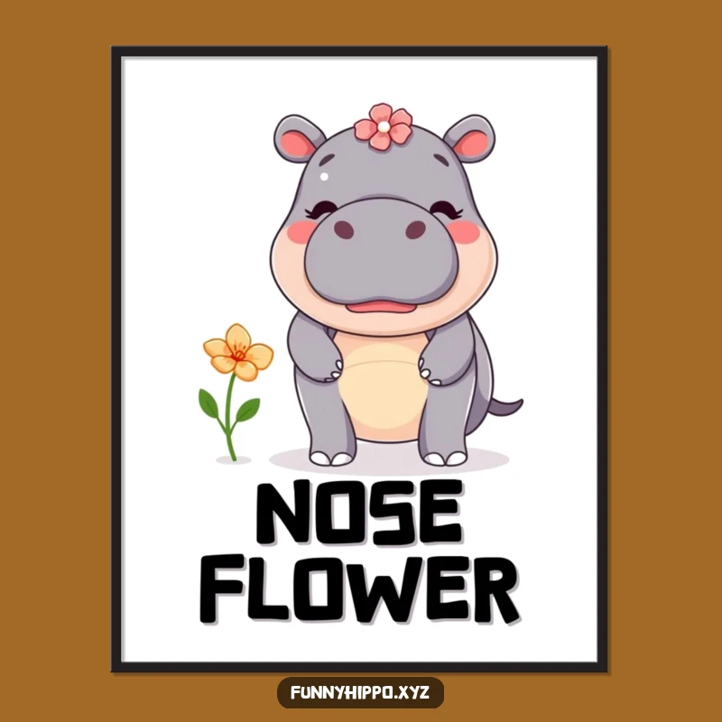 Funny Kawaii Hippo Flower Digital Art - Balancing Nose Instant Download