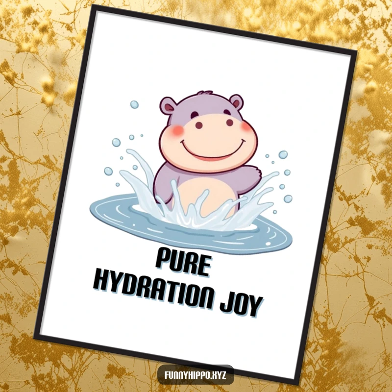 Funny Kawaii Hippo Digital Art Print of a cute hippo joyfully splashing in water, a vibrant and funny piece for instant decor.