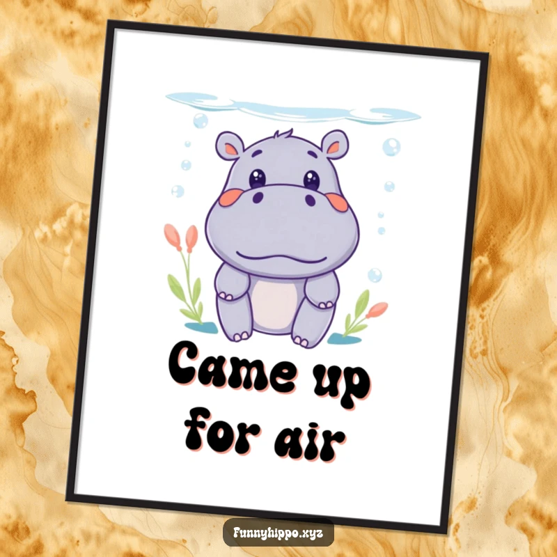 Funny Kawaii Hippo Digital Art Print of a surprised face peeking from water, instant humorous decor.