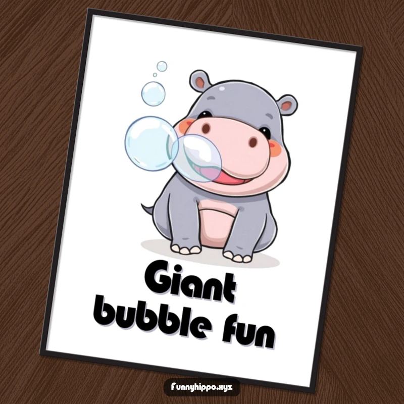 Funny kawaii hippo playfully blowing large, iridescent bubbles from its snout, printable digital art showcasing whimsy.
